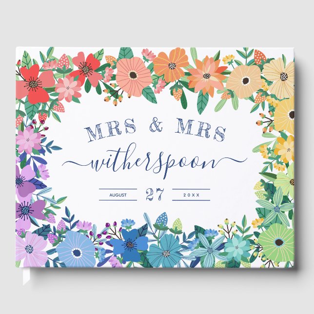 Rainbow Flowers Mrs & Mrs Wedding Guestbook (Front)