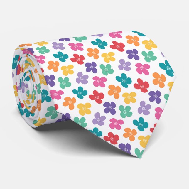 Rainbow Flowers Pattern Neck Tie (Rolled)