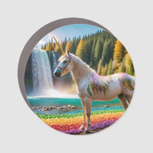 Rainbow Flowers Unicorn Green Trees Waterfall Lake Car Magnet