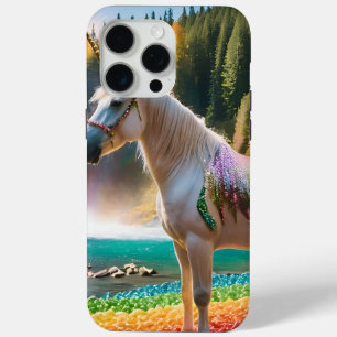 Rainbow Flowers Unicorn Green Trees Waterfall Lake iPhone 15 Pro Max Case