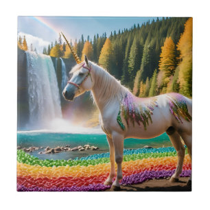 Rainbow Flowers Unicorn Green Trees Waterfall Lake Ceramic Tile
