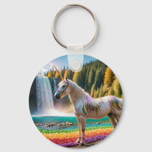 Rainbow Flowers Unicorn Green Trees Waterfall Lake Keychain