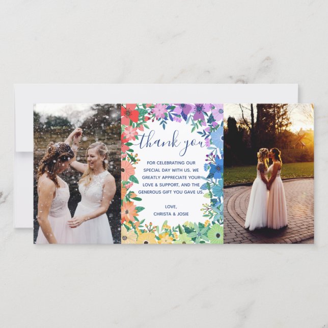 Rainbow Flowers Wedding Photos Thank You Card (Front)