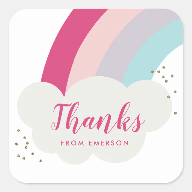 Rainbow fluffy cloud kids thank you favor sticker | Zazzle