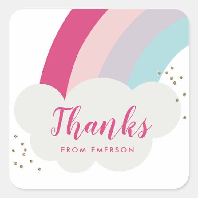 Rainbow fluffy cloud kids thank you favor sticker (Front)