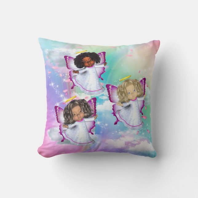Rainbow fluffy Clouds& 3 Butterfly Babies Throw Pillow (Front)