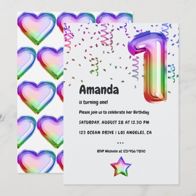 Rainbow Foil Balloon 1st Birthday Invitation (Front/Back)