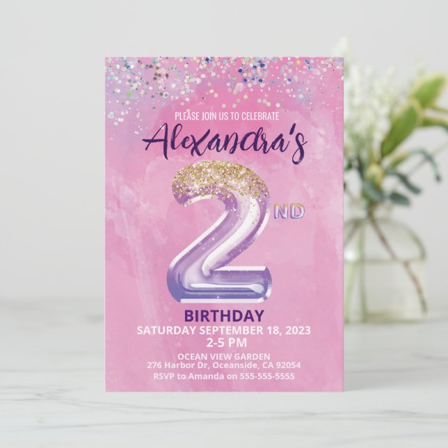 Rainbow Foil Balloon Girl 2nd Birthday Invitation (Standing Front)