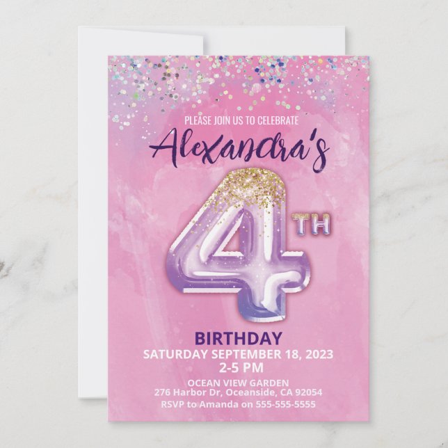 Rainbow Foil Balloon Girl 4th Birthday Invitation (Front)