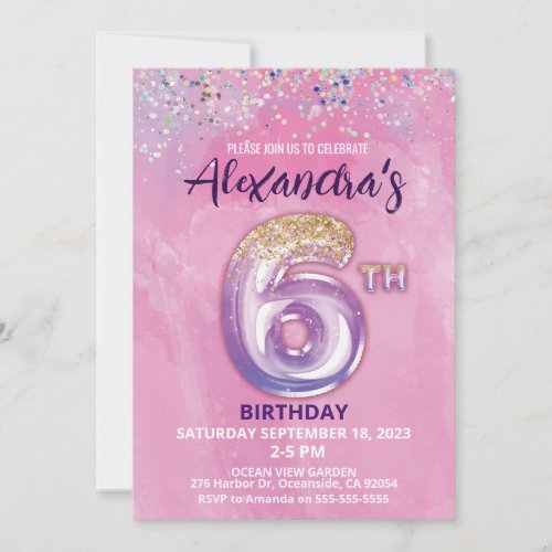 Rainbow Foil Balloon Girl 6th Birthday Invitation