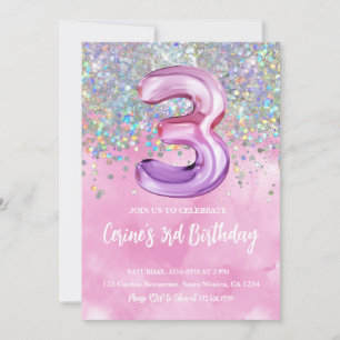 Rainbow Foil Girl 3rd Birthday Invitation