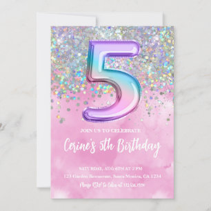 Rainbow Foil Girl 5th Birthday Invitation
