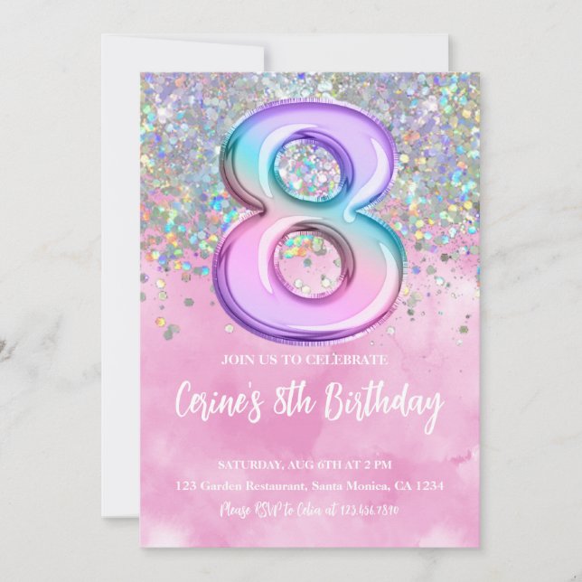 Rainbow Foil Girl 8th Birthday Invitation (Front)