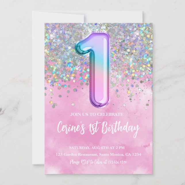 Rainbow Foil Girl First Birthday Invitation (Front)