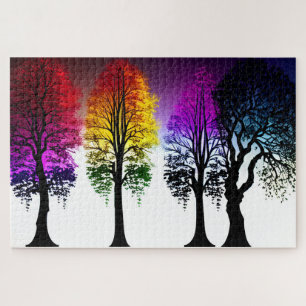 Rainbow Foliage on Black Silhouette Trees Jigsaw Puzzle