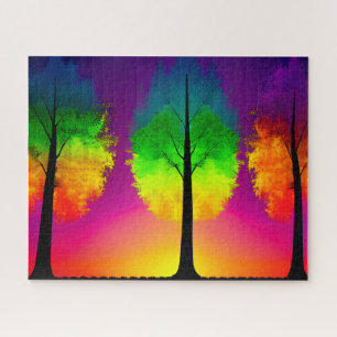 Rainbow Foliage on Tree Silhouettes Colored Sky Jigsaw Puzzle