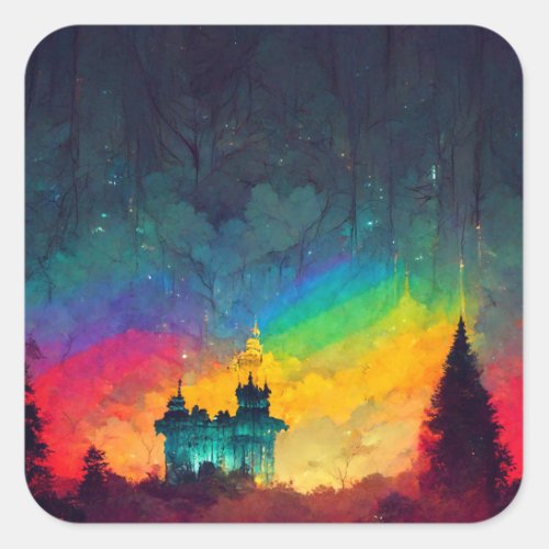 Rainbow Forest Bastion AI Art Square Sticker