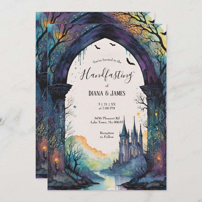 Rainbow Forest Castle Arch Pagan Handfasting Invitation (Front/Back)