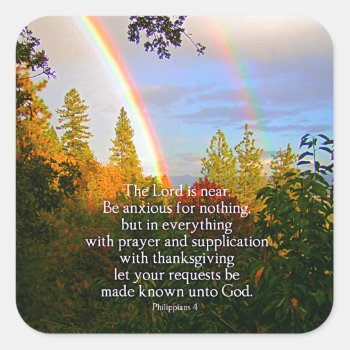 Rainbow Forest Christian Scripture Bible Verse Square Sticker by Creationarts at Zazzle