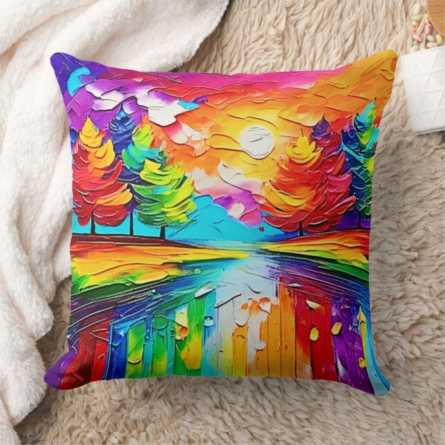 Rainbow Forest Sunset Dreams Throw Pillow (Blanket)