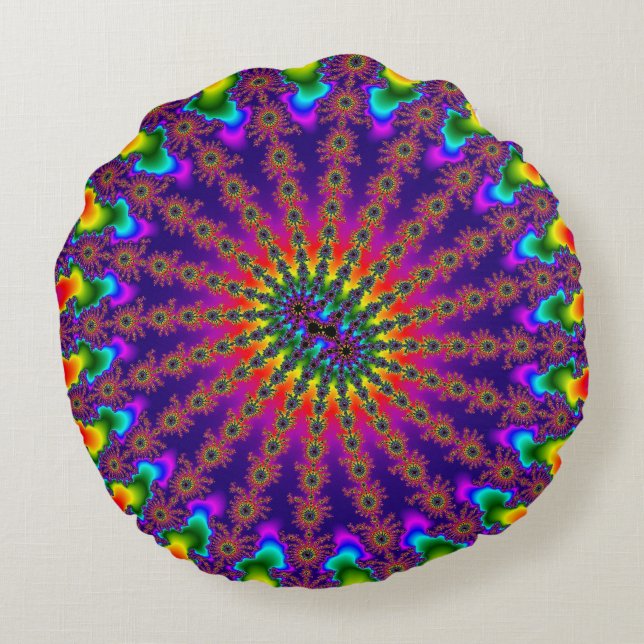 Rainbow Fractal Burst Round Pillow (Back)