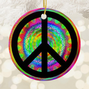 Rainbow Fractal Kaleidoscope Black Peace Symbol Ceramic Ornament