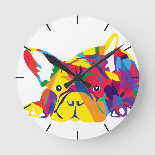 Rainbow French Bulldoge Round Clock