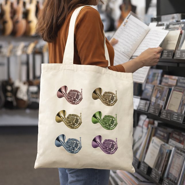 Rainbow French Horn Collage Design Tote Bag (A tote bag with a rainbow lineup of french horns.)