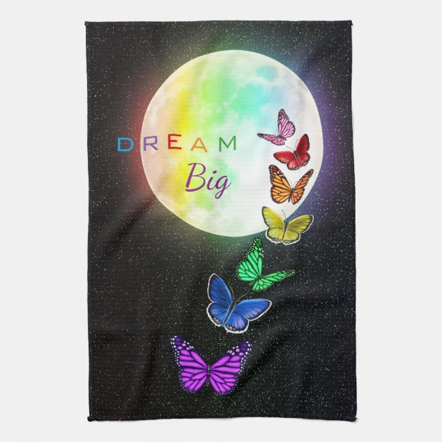 Rainbow Full Moon & Rainbow Butterflies Dream Big Kitchen Towel (Vertical)