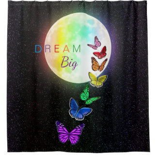 Rainbow Full Moon & Rainbow Butterflies Dream Big Shower Curtain