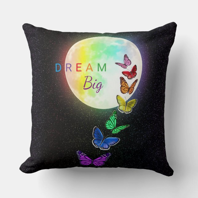 Rainbow Full Moon & Rainbow Butterflies Dream Big Throw Pillow (Front)