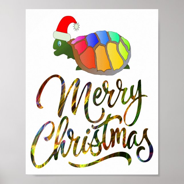 Rainbow Funny Turtle Wearing Santa Hat Xmas Gifts Poster (Front)