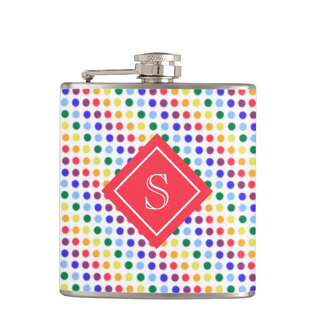 Rainbow Fuzzy Dots Personalized Monogram Flask (Front)