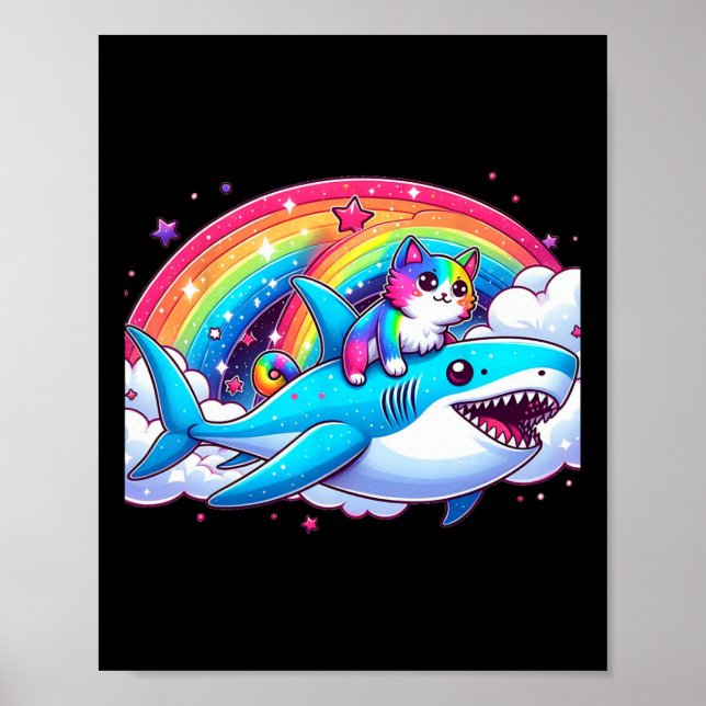Rainbow Galaxy Cat Riding Shark In Space Funny Cat Poster (Front)