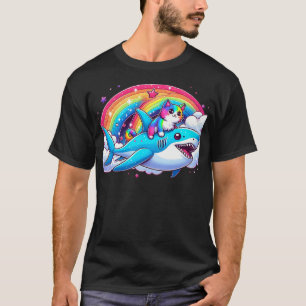 Rainbow Galaxy Cat Riding Shark in Space funny Cat T-Shirt