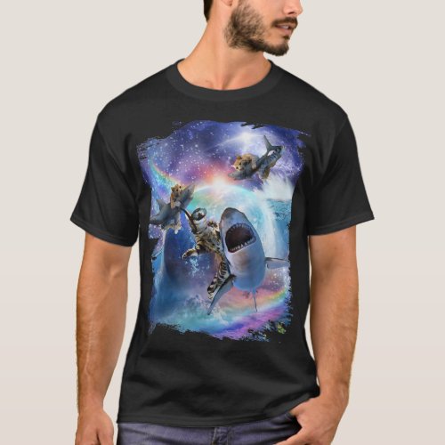 Rainbow Galaxy Cat Riding Shark In Space  T_Shirt