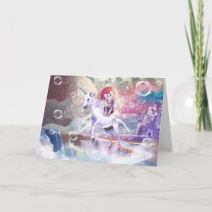 Rainbow galaxy cat riding unicorn in space. card