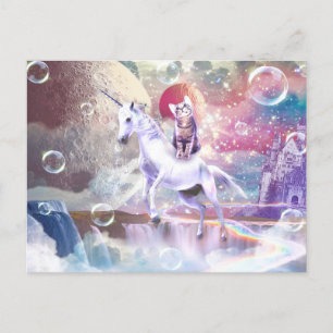 Rainbow galaxy cat riding unicorn in space. postcard