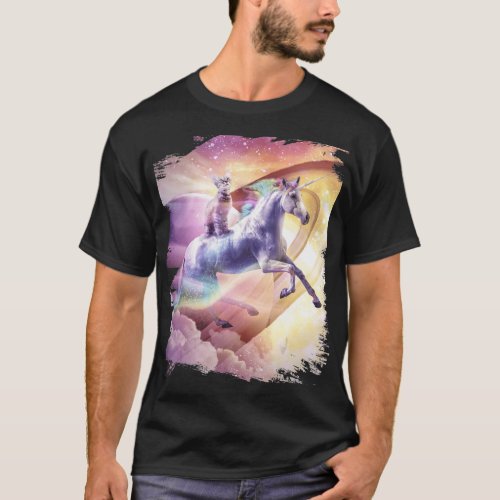 Rainbow Galaxy Cat Riding Unicorn In Space T_Shirt