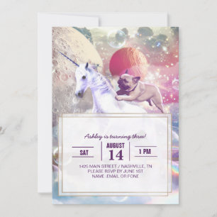 Rainbow galaxy pug riding unicorn in space.        invitation