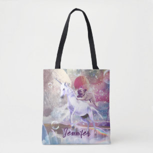Rainbow galaxy pug riding unicorn in space.        tote bag