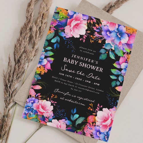 Rainbow Garden Floral Baby Shower Save Date Black Invitation