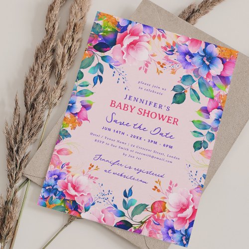 Rainbow Garden Floral Baby Shower Save Date Blush Invitation