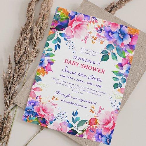 Rainbow Garden Floral Baby Shower Save Date Invitation
