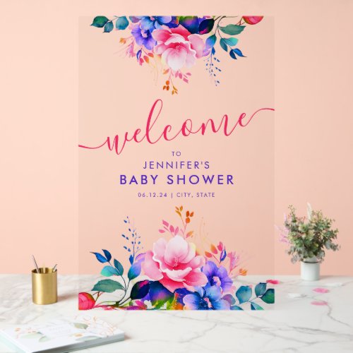 Rainbow GARDEN FLORAL Baby Shower Welcome  Acrylic Sign