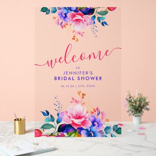 Rainbow Garden Floral Bridal Shower Welcome  Acrylic Sign