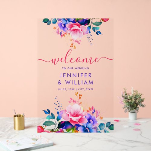 Rainbow Garden Floral Script Wedding Welcome Acrylic Sign