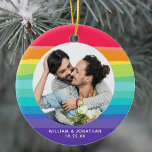 Rainbow Gay Couple Photo Ceramic Ornament<br><div class="desc">Show off your love with this beautiful commemorative gay wedding Christmas ornament. A colorful rainbow surrounds the happy LGBTQ couple. Add the newlywed names and anniversary date on the pretty purple color.</div>