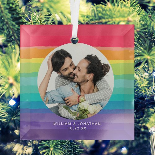 Rainbow Gay Couple Photo Personalized Christmas Glass Ornament