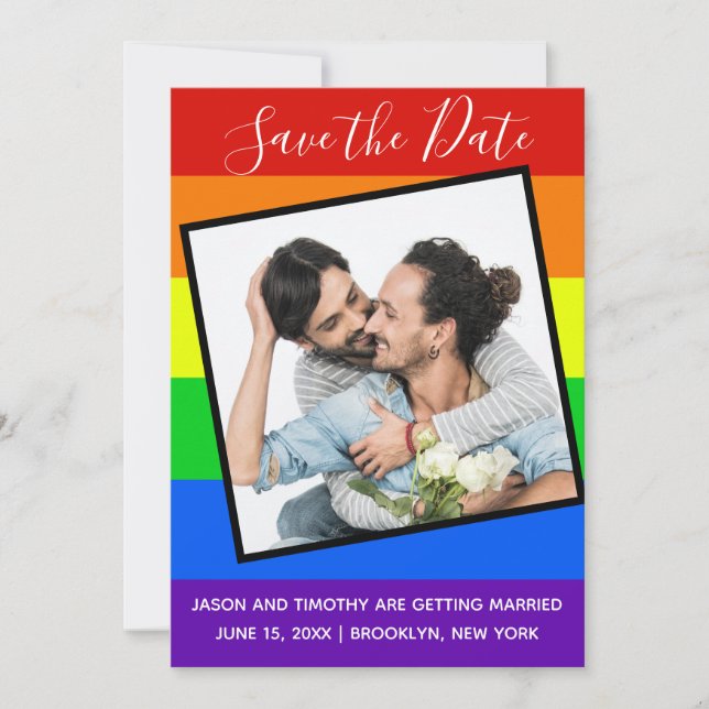 Rainbow Gay Pride Couple Photo Bold Custom Save The Date (Front)